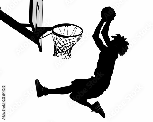 Fotografie Basketball player silhouette dunking towards the hoop on a white background