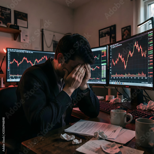 Desperate stock trader burying face in hands during market crash 2026.
