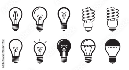 Foto Various Light Bulb Designs in Black and White Outline