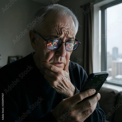 Worried elderly investor checking dropping stock portfolio on smartphone 2026.