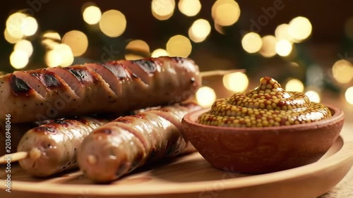 Grilling Perfection - Sizzling Sausages on Skewers with Zesty Mustard, Festive Bokeh.