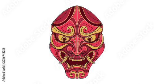 Traditional Japanese Oni Mask: Fierce Red and Gold Demon Face