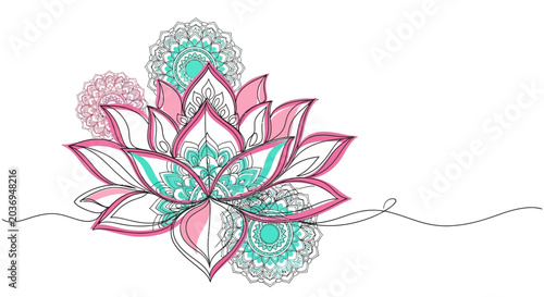 Bohemian Lotus Flower Mandala Art - Pink and Teal Floral Illustration