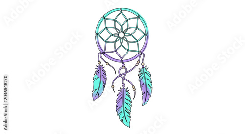 Bohemian Dreamcatcher with Feathers - Turquoise and Purple Watercolor Style