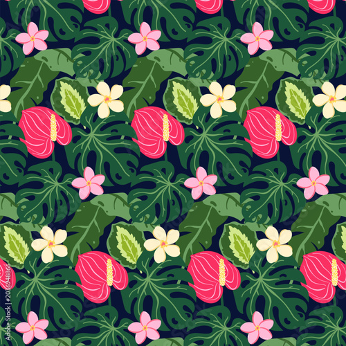 Tropical Floral Seamless Pattern with Monstera Leaves, Hibiscus and Orchid Flowers, Exotic Jungle Background