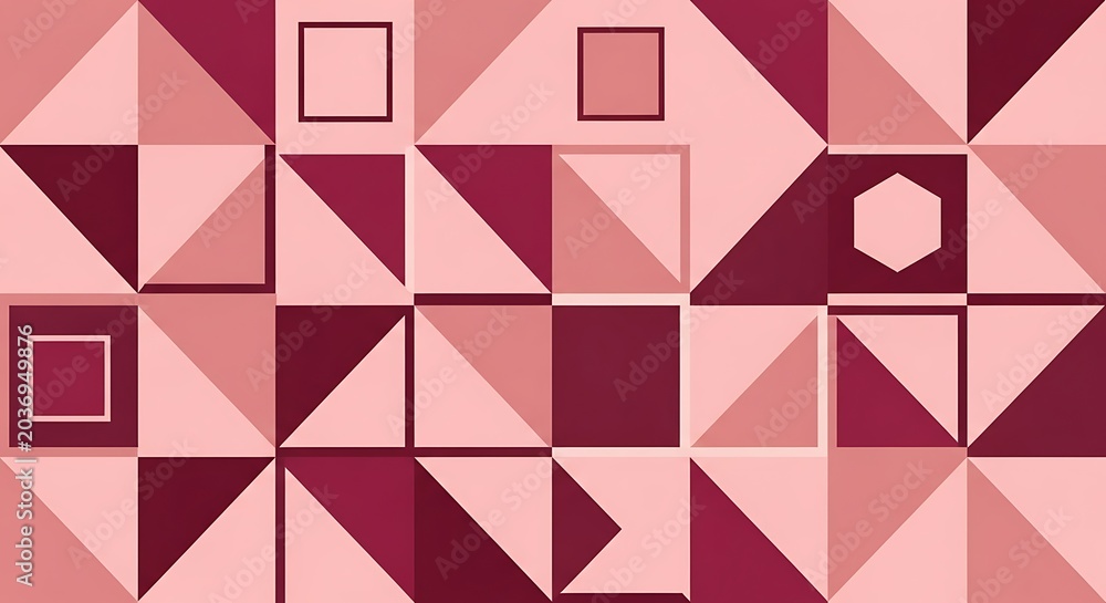 Fototapeta premium Geometric pattern of pink and purple squares and triangles.