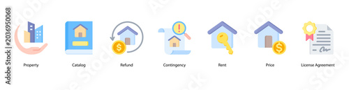 Fotografie Property Agreement web banner icon vector illustration featuring Property, Catalog, Refund, Contingency, Rent, Price, and License Agreement