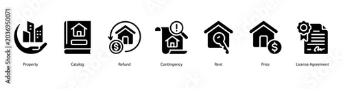 Foto Property Agreement web banner icon vector illustration featuring Property, Catalog, Refund, Contingency, Rent, Price, and License Agreement