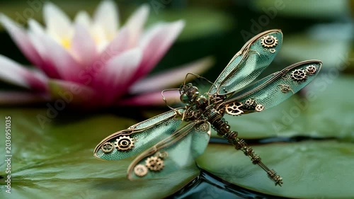 Steampunk Dragonfly on Water Lily Amidst Nature