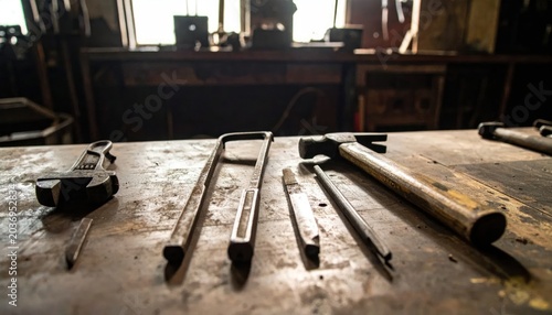 Collection of Vintage Blacksmith Tools Laid Out on a Worn Wooden Workbench.