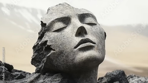 Stone sculpture of a serene face amidst mountains