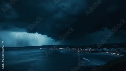 Stormy Night Over Coastal Town with Lightning Strikes