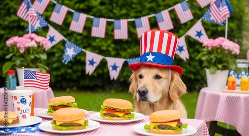 Golden retriever dog wearing patriotic hat with hamburgers for fourth of july party.