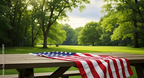 American flag draped over wooden picnic table in sunlit park with green trees.