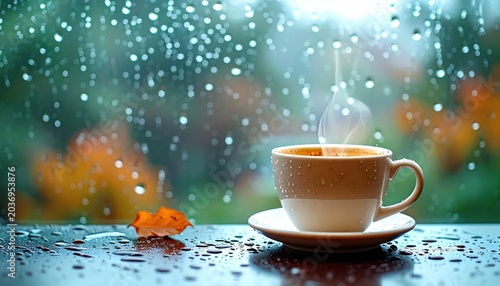 Cozy Cup of Hot Coffee on a Rainy Day by the Window.