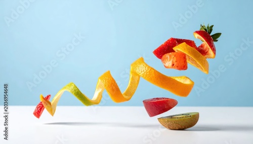 Creative Arrangement of Floating Sliced Fruits and Vegetables.