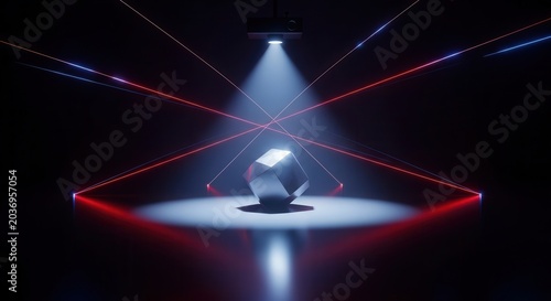 A spotlight shining on a cube.