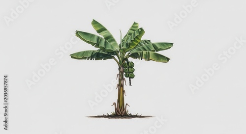 A detailed illustration of a banana tree with a bunch of green bananas isolated on a light gray background.