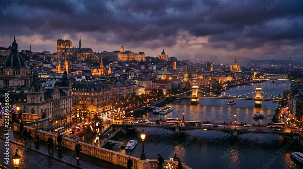 Fototapeta premium Opulent twilight urban landscape with rich deep colors diffused through heavy atmospheric evening smog layer