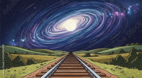 A surreal train track leads towards a swirling galaxy in a starry night sky.