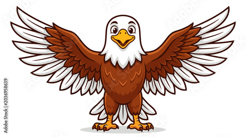 A cheerful anthropomorphic eagle character with vibrant brown feathers and a friendly expression spreading its wings wide in a playful and inviting pose against a clean white