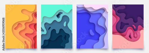 Tableau sur toile Set of four vertical posters featuring abstract 3D paper cut designs with layered wavy shapes and shadows in warm yellow, cool teal, deep blue, and vibrant purple color schemes