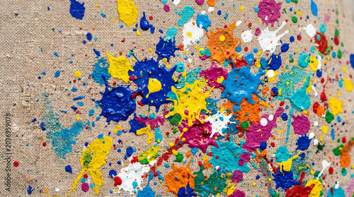 Detailed close up of colorful bright paint splatters across canvas fabric creating artistic background texture