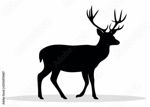 Schilderij op canvas Black Silhouette Of A Deer With Antlers On White Background
