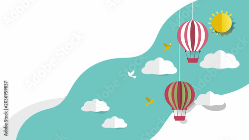 Tableau sur toile Hot air balloons and sun paper cut style illustration on teal background