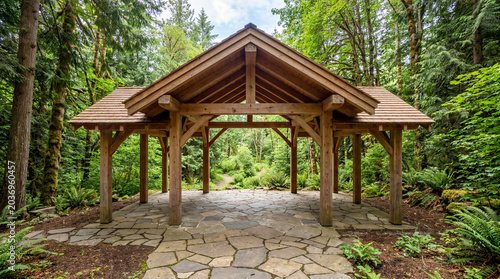 Outdoor Wellness Pavilion Design With Timber Frame Stone Flooring Views Of Lush Green Garden Nature