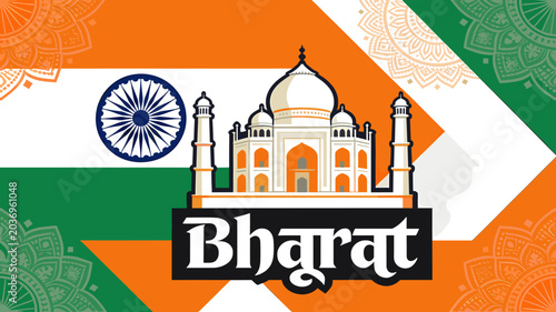 Billede på lærred Iconic Taj Mahal and Indian Flag elements forming a patriotic Bharat design
