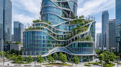 Innovative Eco Friendly Urban Architecture Tower With Modern Wind Turbine Integration And Solar Glass Windows