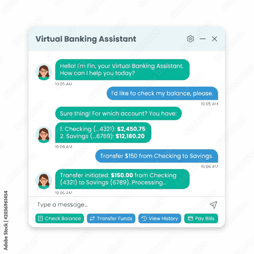 Naklejka premium A virtual banking assistant chatbot interface on a computer screen with a user interacting to check account balance and transfer funds.