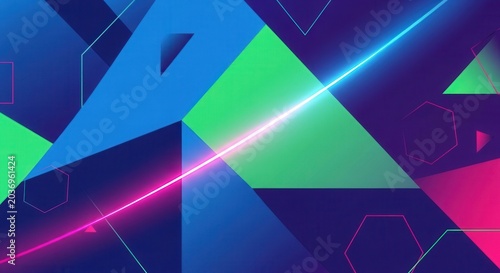 Abstract Geometric Shapes with Neon Light Streaks and Gradients.