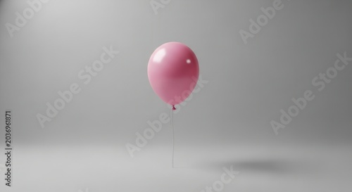A single pink balloon floating against a minimalist grey background.