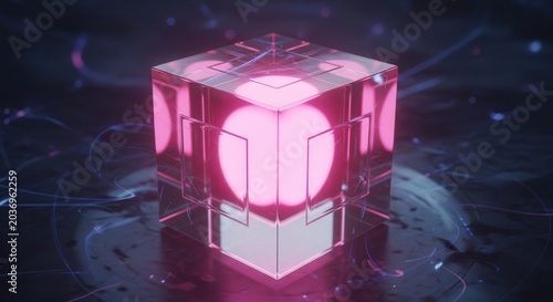 Abstract Glowing Pink Cube with Futuristic Design and Digital Connections in Dark Space.