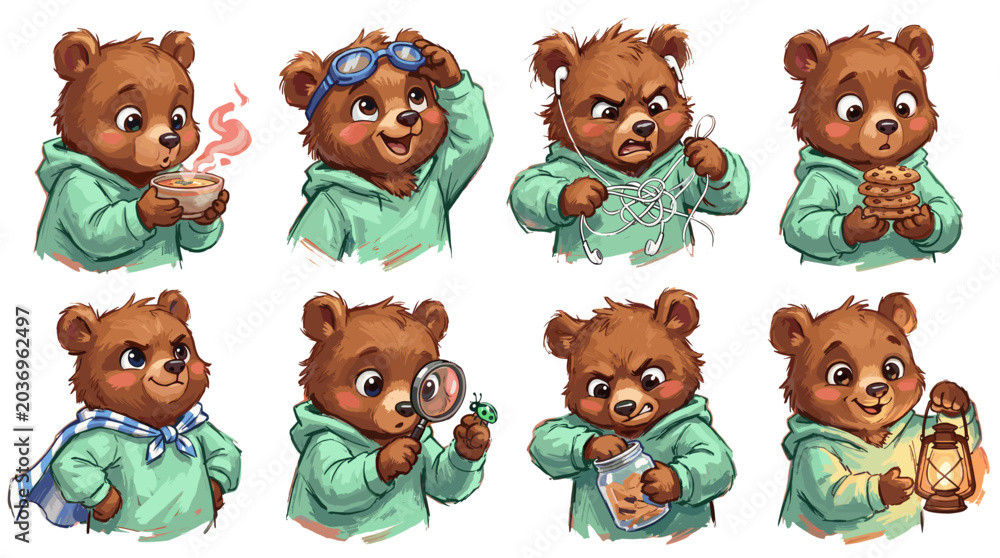 Fototapeta premium A collection of eight adorable cartoon bear illustrations, each depicting a different emotion or activity, perfect for children's books or playful designs.