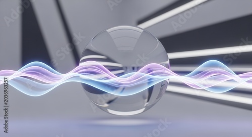 Abstract Glass Sphere with Wavy Light Lines in a Modern Digital Environment.