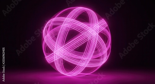Abstract glowing pink sphere with interconnected lines on a dark background.