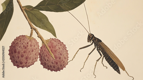 Watercolor aged paper brown black grasshopper long antennae legs right left branch two large textured reddish purple fruits likely lychees one smaller green fruit from upper left plain light tan minim