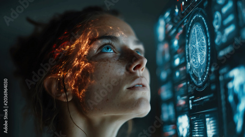 Thought interface concepts AI-driven interactive dashboards, digital overlays, futuristic brain-computer interface graphics, immersive cognitive enhancement simulations