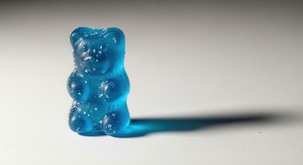 A single blue gummy bear casts a long shadow on a white surface.