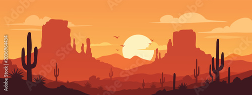 Scenic desert sunrise landscape vector background with cactus mountains hills and yellow sun in flat design style