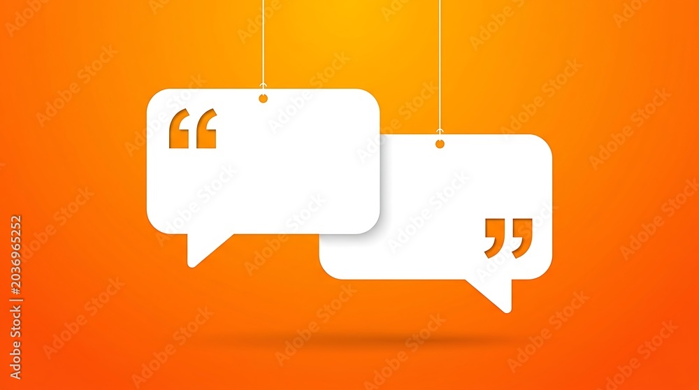 Obraz premium Two white speech bubbles hanging on strings against an orange background blank quote boxes for text, communication concept, social media chat bubbles, empty dialogue frames, minimal graphic design
