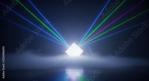 Abstract Glowing Pyramid with Colorful Laser Light Beams.