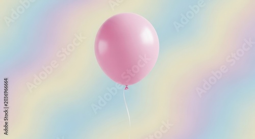 A single pink balloon floats against a soft pastel rainbow background, symbolizing joy and celebration.