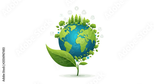 Green globe with leaves illustration representing environmental sustainability