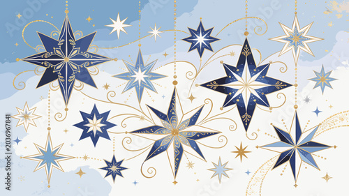 Bild auf Leinwand A celestial display of ornate, hanging star ornaments in shades of deep blue and shimmering gold against a soft, cloudy sky