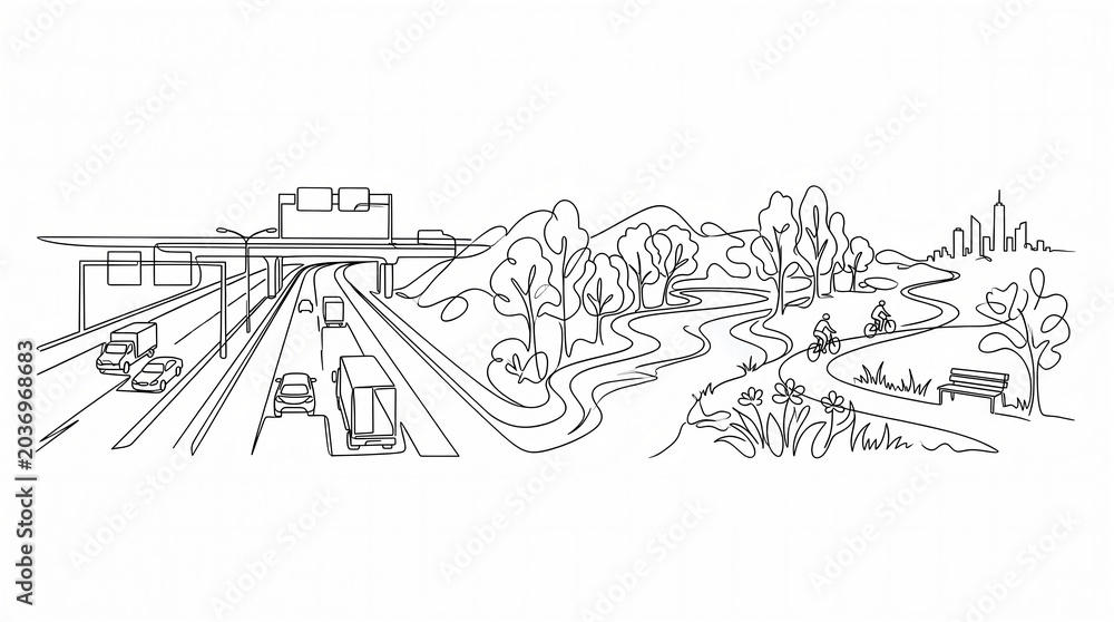 Fototapeta premium Panoramic black and white line art illustrates the contrast between a busy highway with cars and an overpass, and a peaceful city park with cyclists and trees, set against an urban backdrop.