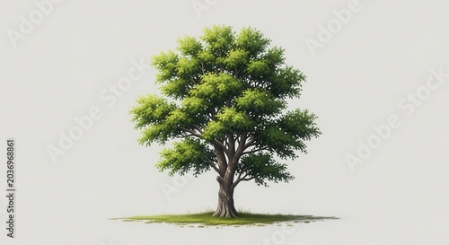 A vibrant green deciduous tree stands tall on a patch of grass with a white background.